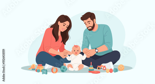 Illustration of happy parents playing with their cute baby on the floor surrounded by colorful toys, showcasing family time, love, and early childhood development.