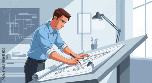 Man Working on Architectural Blueprint at Desk.
