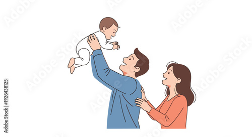 Illustration of a happy family, a father holds his baby up in the air, while the mother looks on with joy, symbolizing love and family bonding.