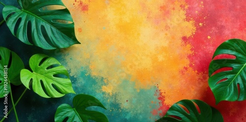Vibrant monstera deliciosa leaves on colorful paper backdrop , trend, bright colors, summer