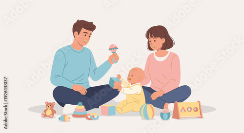 A loving family, including a baby, mother and father, are sitting on the floor indoors and playing with colorful toys such as blocks, a rattle, and a pyramid.