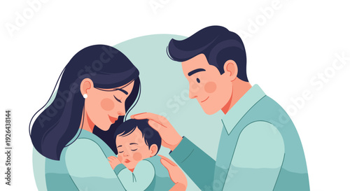 Loving parents admire their sleeping baby, held gently in the mother's arms. A sweet illustration evoking warmth, love, and new parenthood. Ideal for baby products or family content.