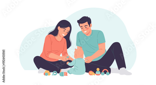 Illustration of parents sitting cross-legged on the floor, playing with their baby, surrounded by toys in a light-filled room, evoking family, love, and joyful moments.