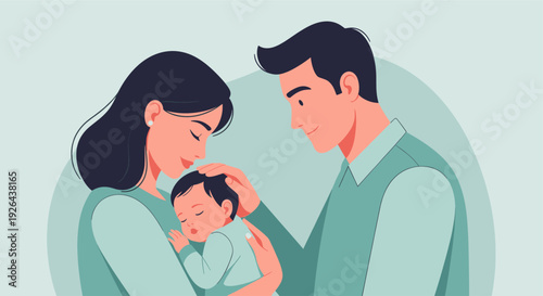 Loving parents cradling their sleeping newborn baby in their arms, a tender moment of affection and family bonding depicted in a clean, modern illustration style with a muted color palette.