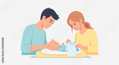 Illustration of parents lovingly preparing baby clothes on a changing table, showcasing family, care, and the joy of parenthood. The soft color palette evokes a feeling of warmth and happiness.