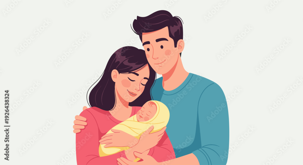 Obraz premium Cartoon-style illustration of new parents lovingly embracing their newborn baby, wrapped in a soft yellow blanket, conveying warmth, family, and new life. Vector graphic with flat design.