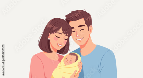 Illustration of a happy family, mother and father, embracing their newborn baby wrapped in a yellow blanket, conveying love, joy, and new beginnings, for use in family planning or parenting content.