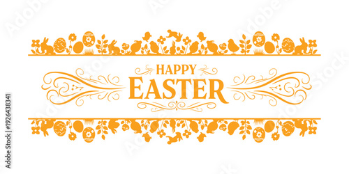 Easter border that includes lettering and swirls. Happy Easter panoramic banner on a distinct background

