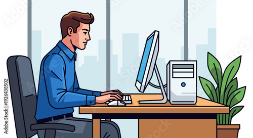 Man working on computer at desk.