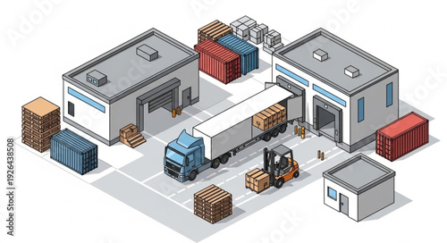 Warehouse with Trucks and Containers.