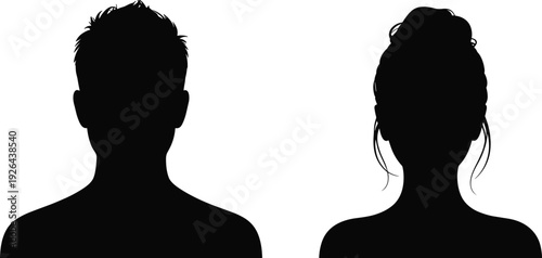 Black silhouette human head profiles, male and female figures, hairstyle contrast, anonymous identity design, avatar illustration, artistic comparison, profile icons