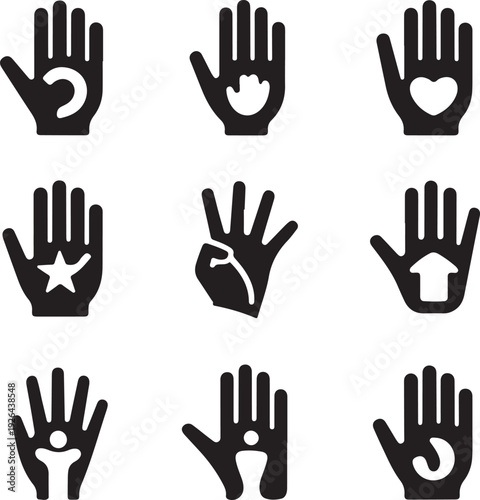 black hand icons with various symbols inside palm