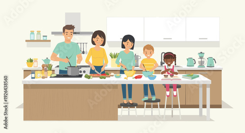 A happy family cooks together in a bright, modern kitchen, with the parents preparing vegetables and soup and the children mixing ingredients. The scene evokes warmth and togetherness.