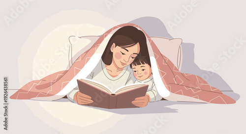 A cartoon illustration of a mother reading a book to her young child under a cozy patterned blanket in bed, creating a warm and comforting bedtime story scene.