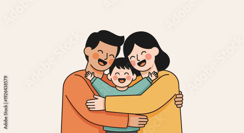 Cartoon illustration of a happy family consisting of a mother, father, and son embracing, conveying a sense of love, security, and togetherness. Isolated on a light cream background.