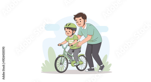 A cartoon illustration depicting a father helping his young son ride a bicycle, creating a heartwarming scene about family, learning, and childhood.