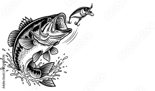 Largemouth Bass Jumping at Fishing Lure Black and White Hand Drawn Vector Illustration