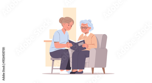 A kind caregiver sits beside a senior woman in an armchair, reading a book together. The scene portrays companionship, empathy, and support for elderly care, suitable for healthcare.