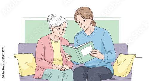 Illustration of a young caregiver reading a book to a senior woman on a sofa, creating a heartwarming and comforting scene of companionship.
