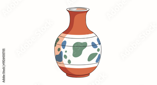 Stylized illustration of an ancient terracotta vase featuring modern abstract blue and green spotted patterns