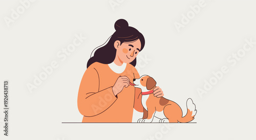 A warm-toned cartoon illustration of a young woman gently feeding her small, brown and white dog a treat indoors, conveying a sense of care, love and connection.