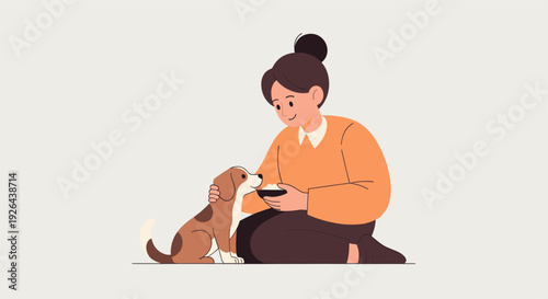 Smiling woman sitting and feeding her brown and white beagle puppy from a bowl indoors, showcasing care and companionship.