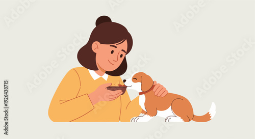 A young woman smiles as she feeds her adorable Beagle dog from a brown bowl, illustrating the joy of pet ownership and the loving bond between them.