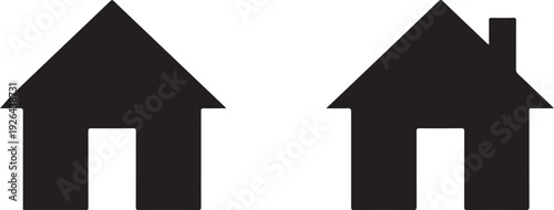 Two black house silhouettes with one chimney white background