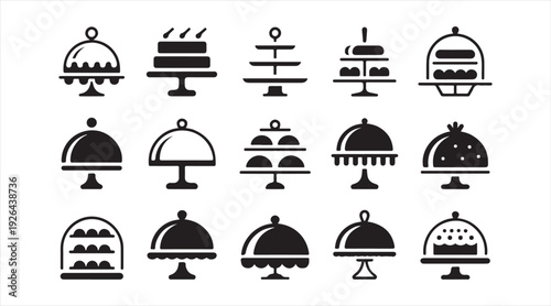 Catering food presentation icon set featuring serving trays cloches and display stands in simple silhouette style