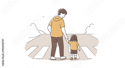 Illustration of a father and young daughter holding hands and walking on a zebra crosswalk, light, clean style, suggesting safety, family, and everyday life.
