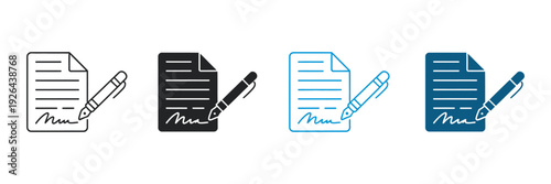 Document Signing Icons for Agreement Contract and Legal Signature, Business Paperwork, Legal Documents, Digital Signing, Flat Vector Illustration Set