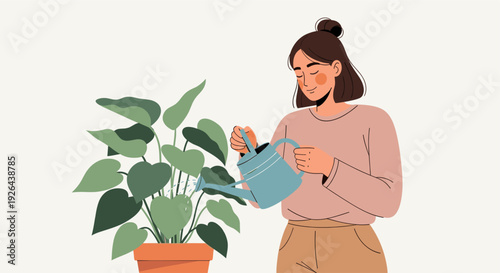 A stylized illustration of a woman watering a potted plant with a blue watering can indoors, conveying peace, tranquility, and the simple act of caring for nature.