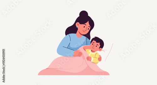 Vector art depicting a mother breastfeeding her child in bed under a pink blanket, in a soft, loving, and nurturing environment. Can be used for parenting or family content.