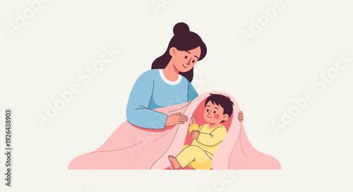 Happy mother gently covers her baby with a soft pink blanket, creating a cozy and loving atmosphere in this flat vector illustration.