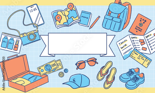 記事の見出しを華やかにする、旅行準備の賑やかなポップバナー　手書きイラスト（サンライズカラー）