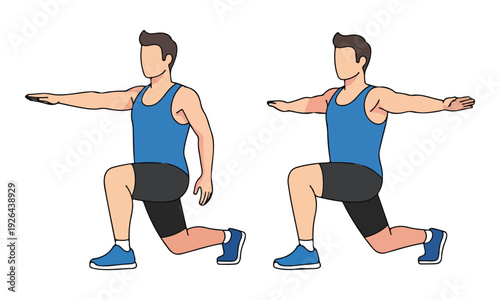 Man performing lunge workout with arms outstretched, fitness illustration