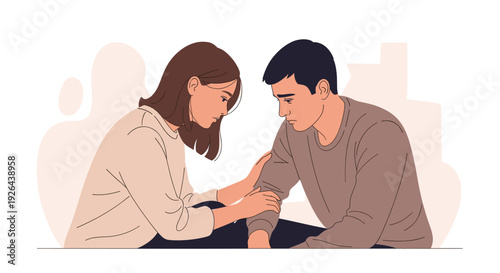 An illustration depicts a woman comforting a distressed man by gently placing her hands on his arm, conveying empathy, understanding, and support during a difficult time.