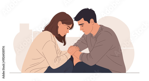 An illustration of a couple holding hands, displaying sadness and empathy during difficult times; a representation of support, love, and mental health awareness.