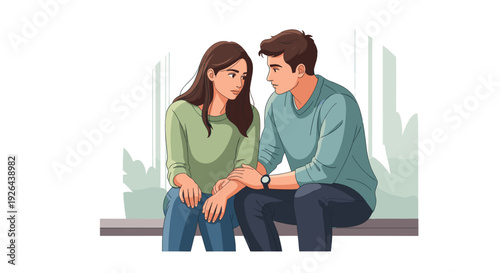 A cartoon illustration shows a young couple sitting together indoors, the man consoling the woman, with their hands touching, conveying empathy and connection.