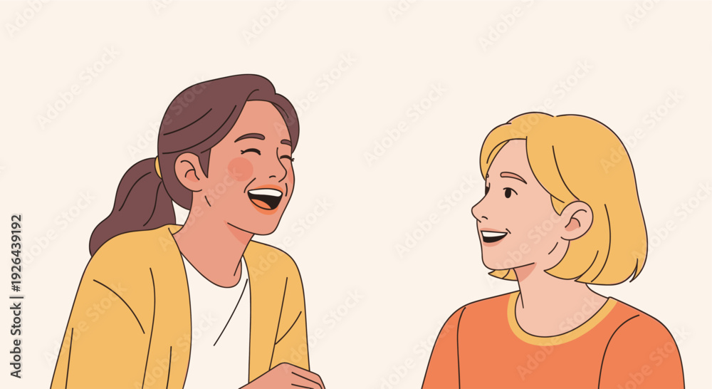 Obraz premium Two young women, drawn in a simple, modern style, are laughing and engaged in conversation against a neutral background, conveying joy and connection.