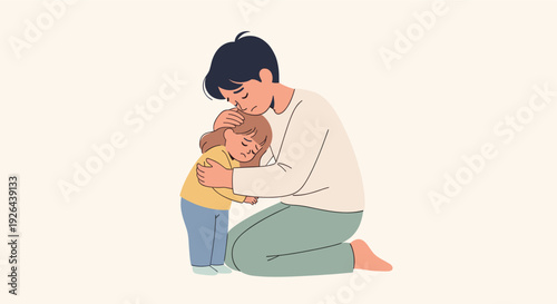 A tender illustration of a father comforting his young daughter with a hug, showing a scene of love, support, and reassurance in a soft color palette.