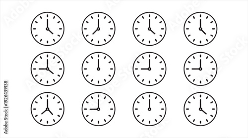 Analog clock icon collection showing different times in simple outline style isolated on white background