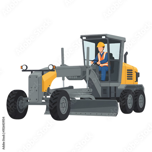 Construction Worker Operating Motor Grader Heavy Road Equipment PPE Compliance Flat Vector Illustration