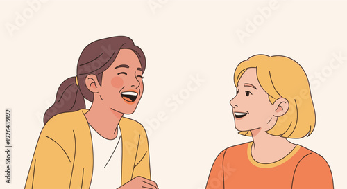Two young women, drawn in a simple, modern style, are laughing and engaged in conversation against a neutral background, conveying joy and connection.