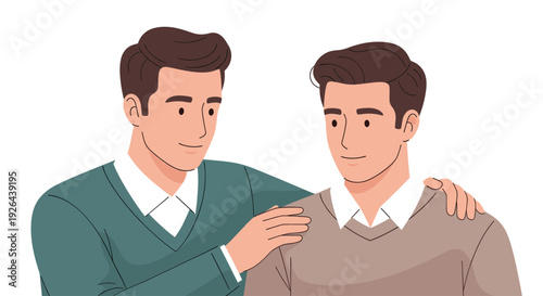 Illustration of a man comforting his friend with a hand on his shoulder, showcasing support, friendship, and empathy, suitable for health, support groups, and lifestyle themes.