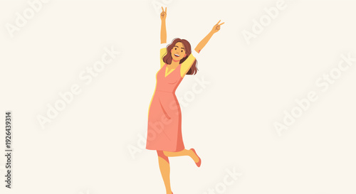 Cheerful woman in a coral dress jumps for joy, making peace sign with both hands, radiating happiness and success. Suitable for lifestyle, achievement, and positive emotion themes.