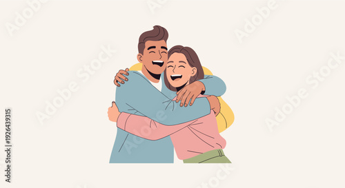 Cheerful vector illustration of a couple hugging tightly and laughing, conveying love, support, and happiness, suitable for themes of relationships, family, and friendship.