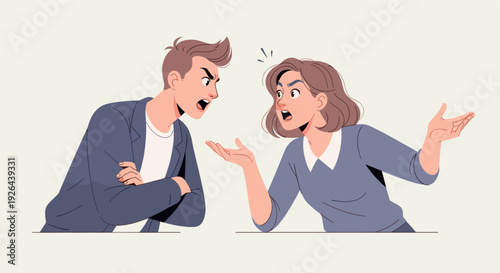 Illustration of an upset couple arguing with each other on white, depicting frustration, disagreement, and relationship challenges, perfect for illustrating conflict resolution.