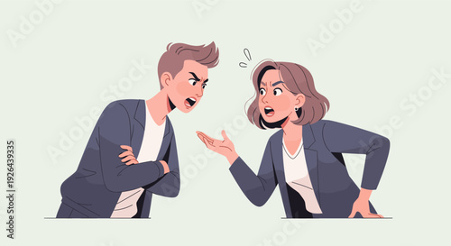 Vector illustration showing an angry man and woman arguing, both wearing blazers. The scene depicts conflict and disagreement in a professional setting. Use for business, finance, or social issues.
