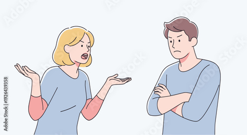 Stylized illustration of a couple arguing, with the woman gesturing emphatically and the man standing defensively with crossed arms, creating a tense, interpersonal conflict scene.